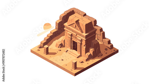 Ancient desert temple in isometric style with sunlit background