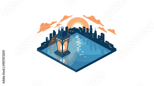 Isometric cityscape with reflective night lake and lantern