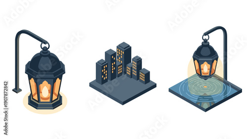Isometric cityscape with lamp and reflection on water in night setting