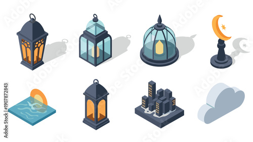 Isometric lanterns and night elements set featuring moon, cloud, cityscape, and water scene