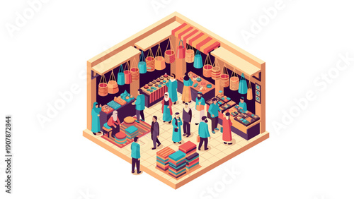 Colorful isometric middle eastern market with shoppers and stalls