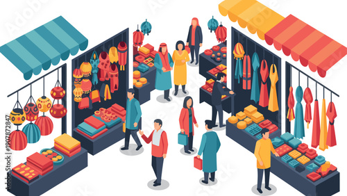 Isometric street market scene with diverse shoppers and colorful stalls
