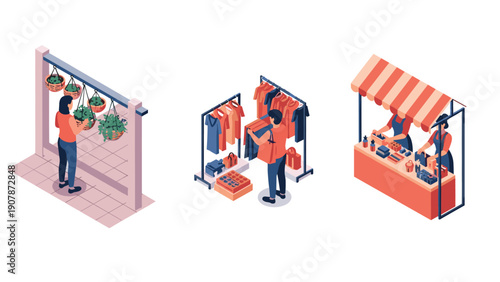 Isometric scenes of daily activities: gardening, shopping, and market stall