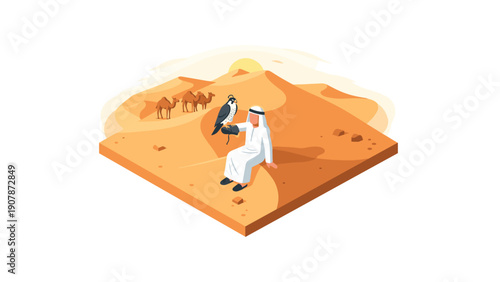 Isometric desert scene with person and falcon