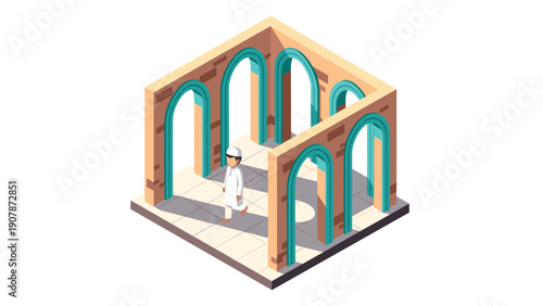 Isometric architecture maze with person in lab coat surrounded by arches