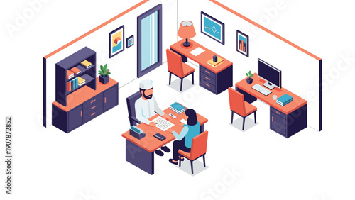 Isometric office meeting: modern workspace with two professionals and stylish furniture