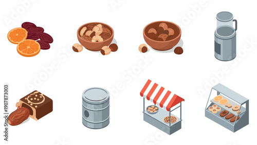 Isometric market scene with nuts, fruits, and bakery stall