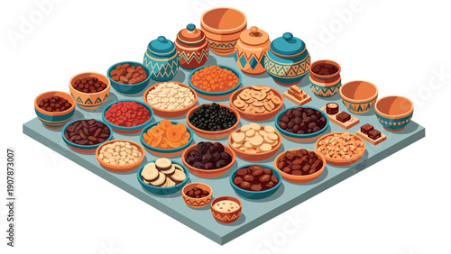 Assorted nuts and dried fruits in colorful bowls arranged isometrically on a decorative platform