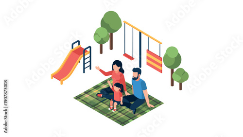 Family enjoying picnic in park with playground equipment in isometric design