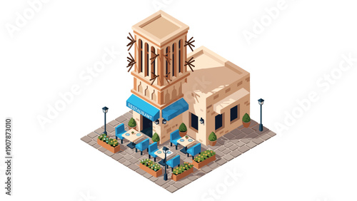 Charming outdoor cafe with rustic architecture and blue awnings in isometric design
