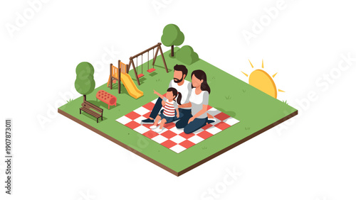Isometric family picnic in park with playground, trees, and sun