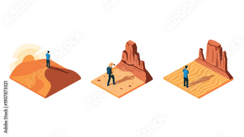 Isometric desert exploration: hiking in sunset sands and rock formations