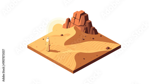Isometric desert landscape with lone traveler and rocky mountain at sunset