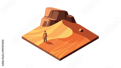 Isometric desert landscape with person and rocks in warm tones