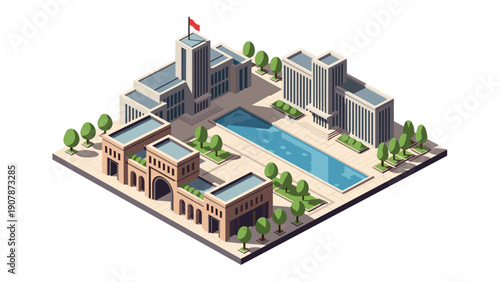 Isometric city park with government buildings and fountain