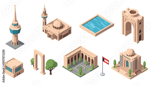 Isometric middle eastern architecture collection with iconic landmarks and structures