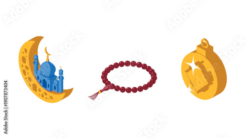 Isometric ramadan symbols: crescent mosque, prayer beads, gold lantern