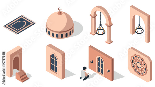 Isometric mosque elements with dome, ornaments, and prayer rug for islamic design