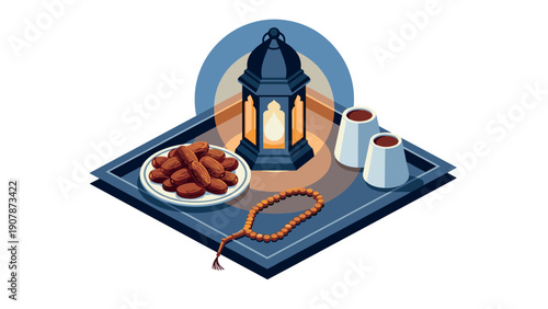 Isometric ramadan decor with lantern, dates, and prayer beads on tray