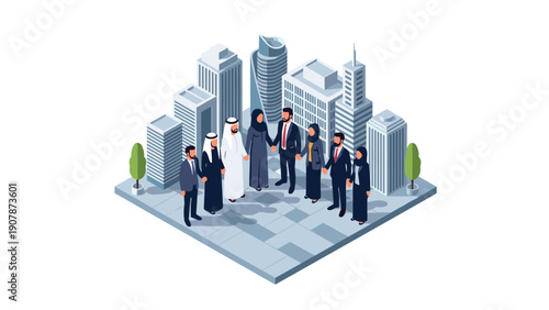 Business meeting in modern urban cityscape with diverse professionals in isometric style