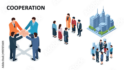 Isometric business teamwork and international cooperation concept with urban background