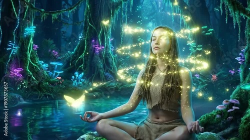 Wallpaper Mural Woman Meditating In Bioluminescent Forest With Glowing Flora And Magical Light Orbs Torontodigital.ca