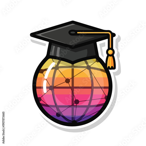 A colorful globe wearing a graduation cap, symbolizing global knowledge and education, depicted in a modern illustration style
