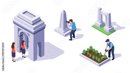 Isometric architecture and outdoor activities: exploring monuments and gardening