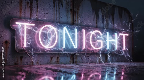Retro neon sign spelling TONIGHT flashes with electric energy against rusty wall
