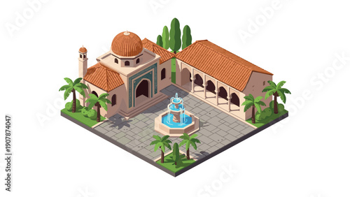 Mediterranean courtyard with dome and fountain in isometric style