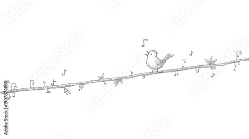 A cute bird perched on a branch, singing musical notes. The image uses a minimalistic black and white style
