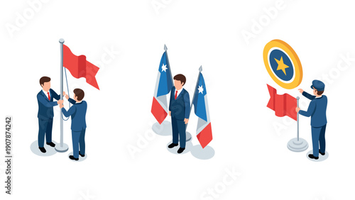 Isometric illustrations of business figures with flags and emblems