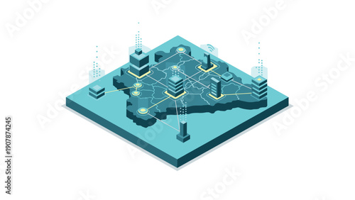 Isometric smart city concept with connected buildings and network on a digital map