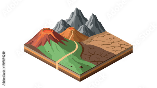 Isometric landscape with volcanic mountains and terrain layers
