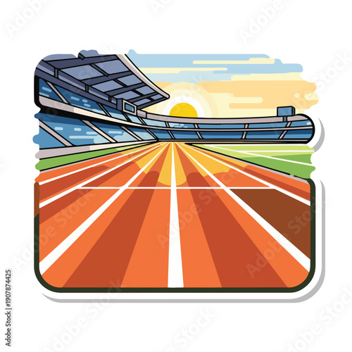 A vibrant illustration of a stadium with a running track at sunrise from a low angle