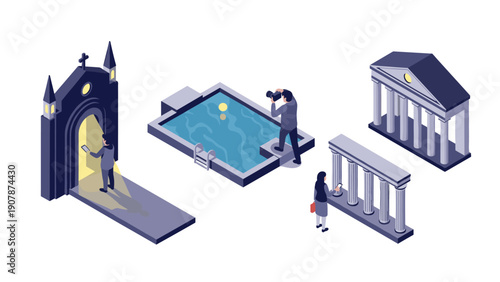 Isometric urban exploration: diverse city architecture and activities in modern style