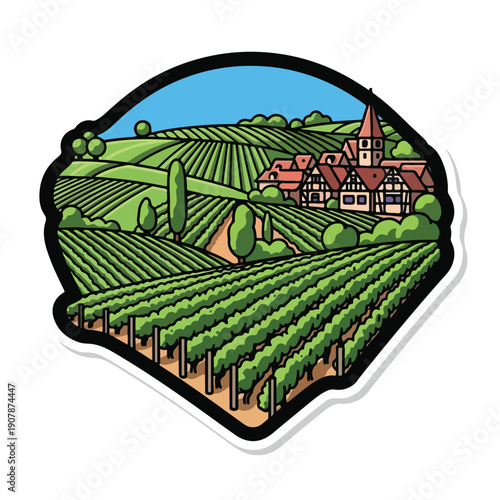 Serene vineyard landscape with traditional houses and lush greenery in a picturesque countryside setting