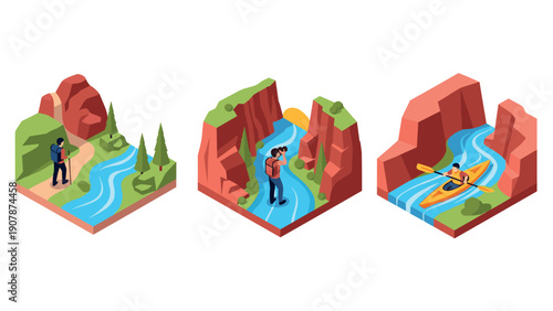 Isometric outdoor activities: hiking, photography, and kayaking in scenic canyon landscape