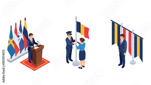 Isometric political ceremony: flag raising and international conference