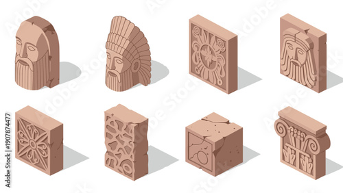 Isometric ancient carved stone reliefs featuring classical and tribal sculptural designs