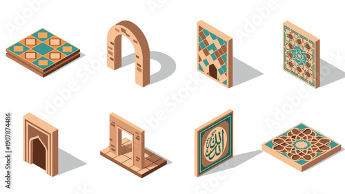 Isometric middle eastern architecture elements with geometric patterns