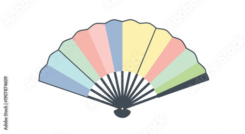 Colorful folding fan with pastel segments, isolated on white background, elegant accessory