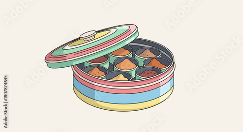Colorful Indian Spice Box (Masala Dabba) Filled with Various Spices