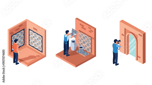 Isometric scene of tile pattern creation and photography