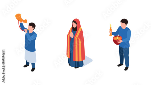 Cultural celebrations: isometric people in traditional clothing with musical instrument and candles