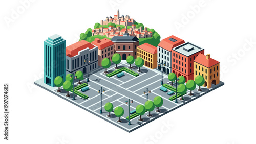 Isometric city square with buildings and park