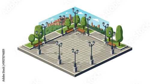 Isometric urban park with benches and street lamps in city square