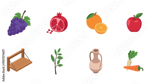 Colorful flat design fruit and objects set with grapes, orange, and apple