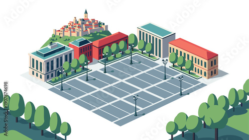 Isometric urban square with historic buildings and cityscape background