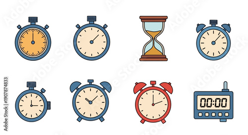 Collection of Various Clocks and Timekeeping Devices Icons